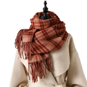 Classic autumn winter plaid imitation cashmere fringe scarf for warm and stylish daily commute.