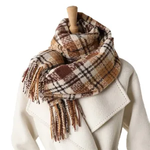 Korean style plaid winter warm tassel scarf, unisex cashmere feel shawl for daily commute.