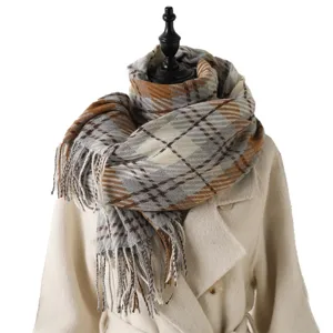 Classic plaid fringed cashmere feel scarf for men and women, autumn winter warm fashion shawl.