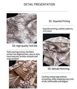 Écharpe carrée en sergé floral marron rétro pour femmes, châle foulard élégant style soie.