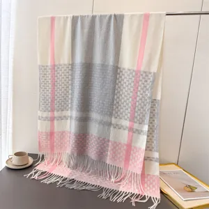 Classic plaid cashmere-feel winter warm shawl scarf with fringe detail for daily commuting.