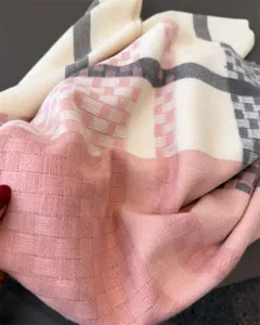 Cozy pink plaid imitation cashmere scarf for autumn and winter, soft warm shawl for daily wear.