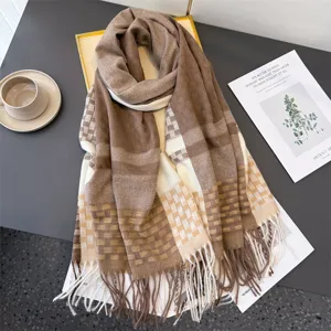Cozy faux cashmere classic plaid tassel scarf for autumn and winter commuting warmth.