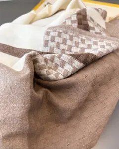 Cozy cashmere-feel plaid scarf for autumn and winter, warm brown and cream shawl.