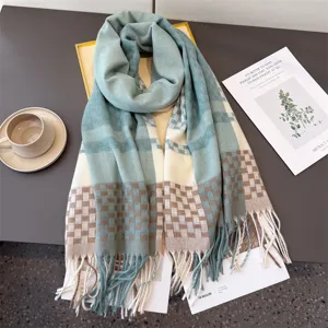 Cozy plaid cashmere-feel winter scarf with elegant tassels and stylish thermal neck wrap.