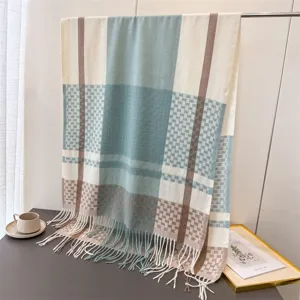 Classic plaid imitation cashmere scarf with tassels, warm winter shawl for daily commuting.