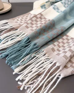 Classic plaid cashmere-feel fringed scarf detail, warm winter unisex commuter shawl accessory.