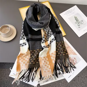 Classic plaid imitation cashmere tassel scarf for women and men, soft warm winter shawl.