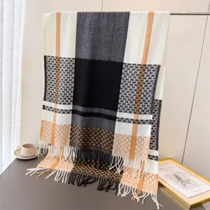 Classic plaid cashmere feel scarf detail view, unisex winter warm tassel neck wrap for commute.