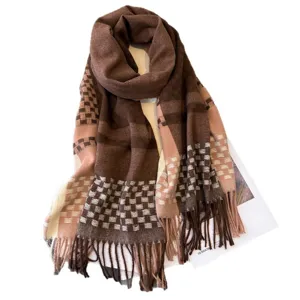 Classic brown plaid tassel scarf for autumn and winter, soft faux cashmere unisex warm wrap.