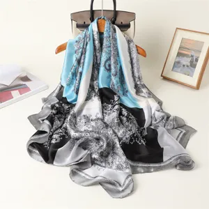 Retro color-blocked paisley print silk scarf, elegant long shawl for women, versatile satin headscarf.