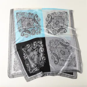 Retro color block paisley print silk feel square scarf elegant women fashion accessory detail.