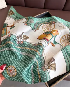French Palace Carriage Print Silk Scarf Square Shawl Elegant Green White Neckerchief