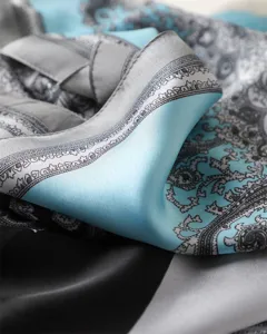 Retro color-block paisley print women's silk scarf, elegant satin shawl and versatile long wrap.