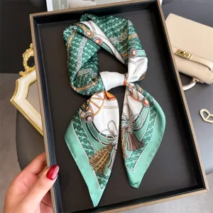 Elegant green and white silk square scarf with French carriage print, perfect for neck or hair styling.