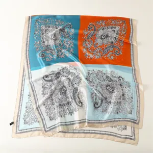 Retro color-block paisley print square silk satin scarf for women elegant hair accessory.