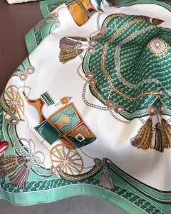 French court carriage print silk scarf detail, elegant green and gold square scarf for women.
