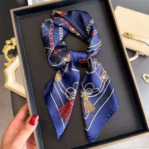 French court carriage print silk scarf, elegant blue square scarf for women's stylish wear.