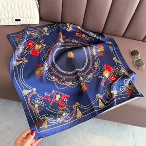 Luxury French court carriage print silk square scarf, elegant vintage neck shawl for women.
