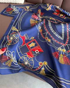 Elegant French court carriage print silk square scarf, luxurious neck wrap and stylish shawl.