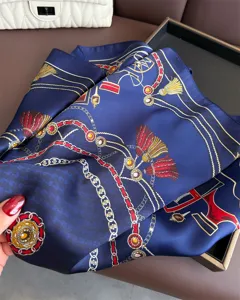 Women blue silk scarf luxury carriage chain print square neck wrap stylish fashion accessory