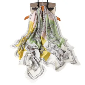 Vintage colorblock paisley print silk scarf women long fashion shawl elegant head wrap thin