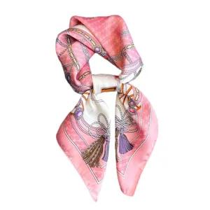 Pink silk square scarf with luxury chain and tassel print, elegant neck scarf for women.