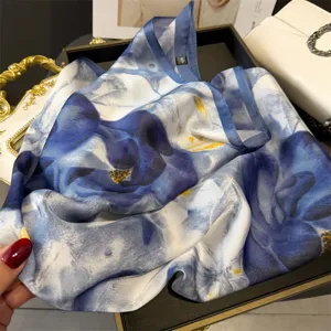 Blue and white floral print imitation silk square scarf elegant neckerchief shawl for women