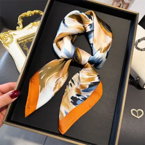 Elegant abstract printed silk square scarf, versatile fashion neckerchief for women.