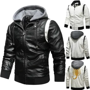 Men's Faux Leather Motorcycle Jacket Embroidered Scorpion Hooded PU Leather Coat Casual Outwear Windproof Biker Top