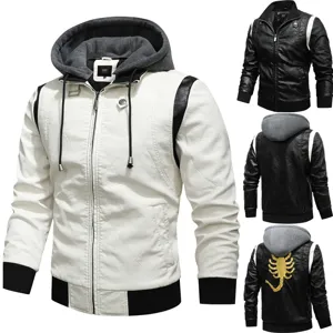 Men's faux leather hooded jacket with contrast color and cool back embroidery details.