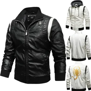Men's autumn winter faux leather motorcycle jacket casual hooded outerwear coat.