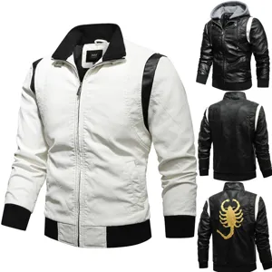 Men's faux leather motorcycle jacket with color-block design and cool scorpion back embroidery.