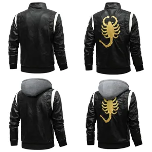 Men's faux leather jacket with scorpion embroidery, stylish motorcycle bomber coat.