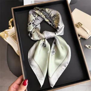 Elegant floral print silk square scarf, green and yellow neck scarf for stylish women.