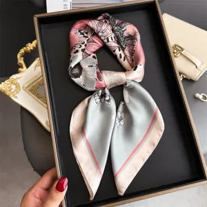 Elegant floral print silk square scarf for women, chic neckerchief and stylish hair accessory.