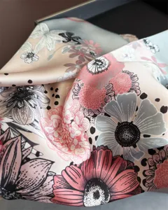 Elegant floral print silk square scarf for women, soft fashion neckerchief and head wrap.