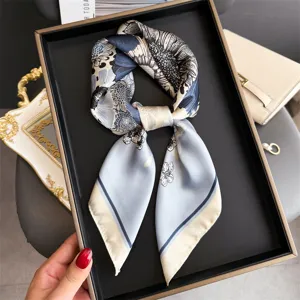 Women Fashion Floral Printed Square Scarf Elegant Satin Neckerchief Lightweight Sun Protection Head Scarf For Daily Wear