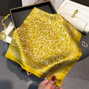 Gold silk square scarf detail, elegant baroque printed neckerchief, vintage hair accessory.