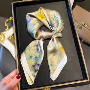 Elegant 70cm silk feel floral square scarf, versatile fashion neckerchief for daily wear.