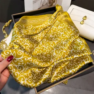 Vintage yellow silk square scarf 70cm elegant floral neckerchief hair band for women.