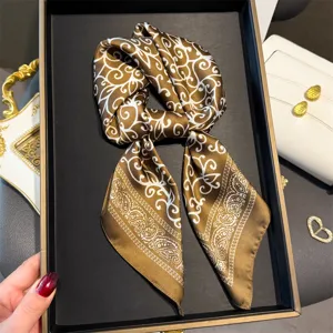 70cm vintage floral satin square scarf, elegant neckerchief and retro headwear for women.