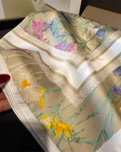 Silk scarf 70cm botanical floral print square neckerchief elegant women fashion accessory.