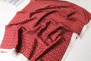 Red silk scarf with elegant monogram pattern, soft lightweight shawl for women daily wear.
