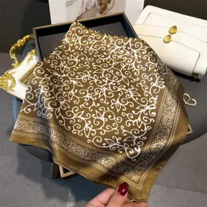Vintage brown floral satin square scarf 70cm elegant women neckerchief hair band.