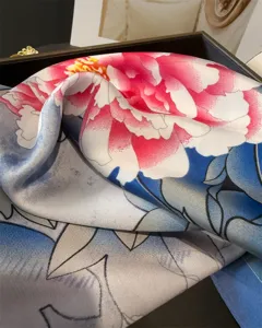 Silk floral scarf square shawl elegant pink peony blue leaf design detail view texture