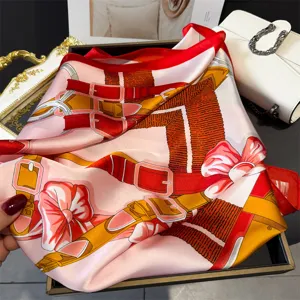 Equestrian print silk square scarf, pink designer style fashion neck wrap shawl for women.
