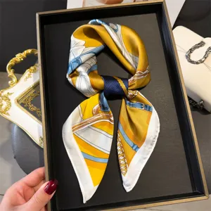 Silk square scarf with elegant equestrian harness print, luxury style neck scarf for women.