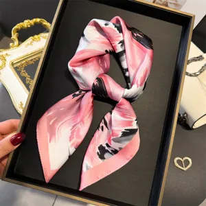 Silk square scarf featuring a pink watercolor floral print, elegant neckerchief for women.
