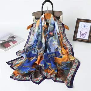 Colorful peacock print sheer spring summer long silk scarf elegant shawl for women daily use